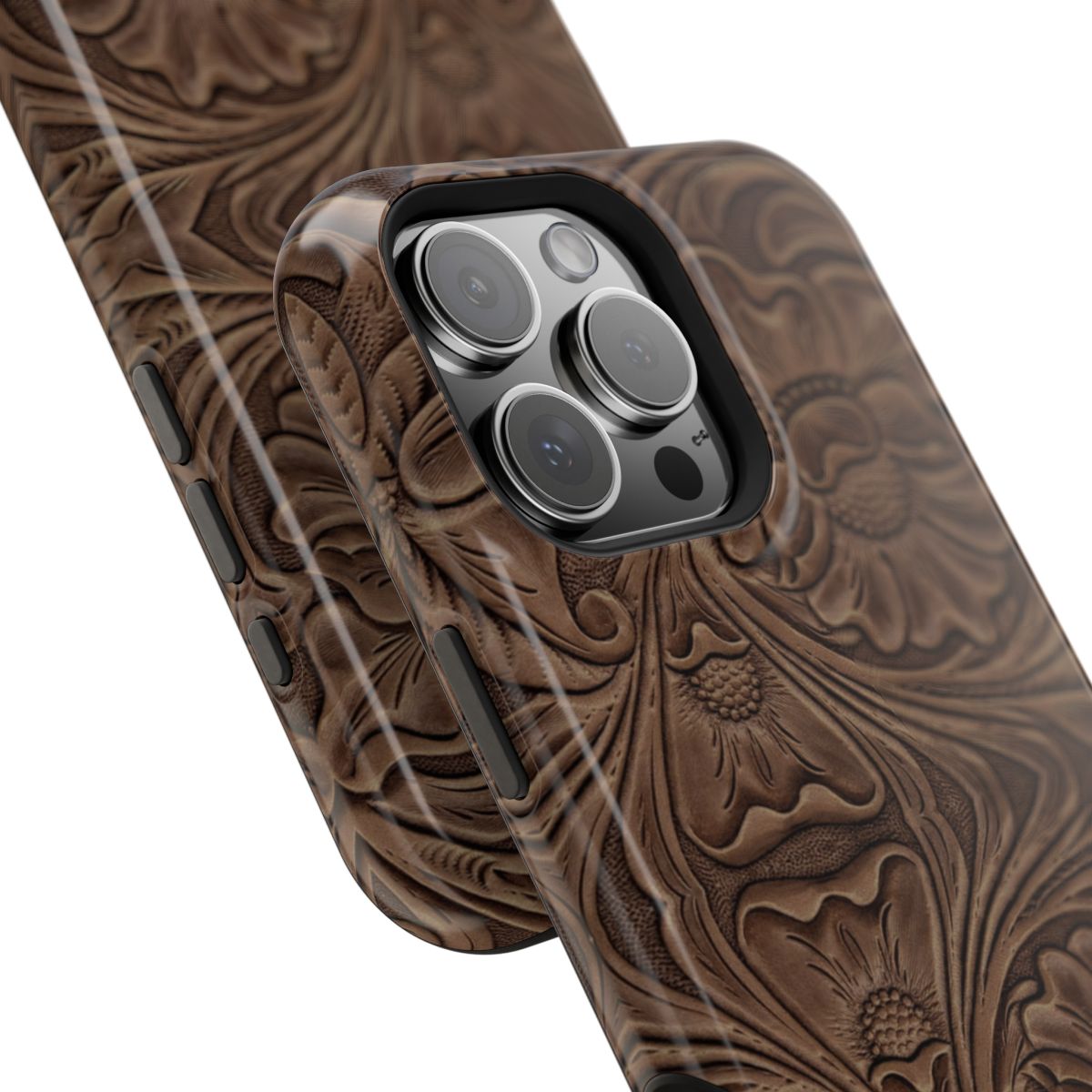 Faux Brown Tooled Leather Tough Magnetic Phone Case