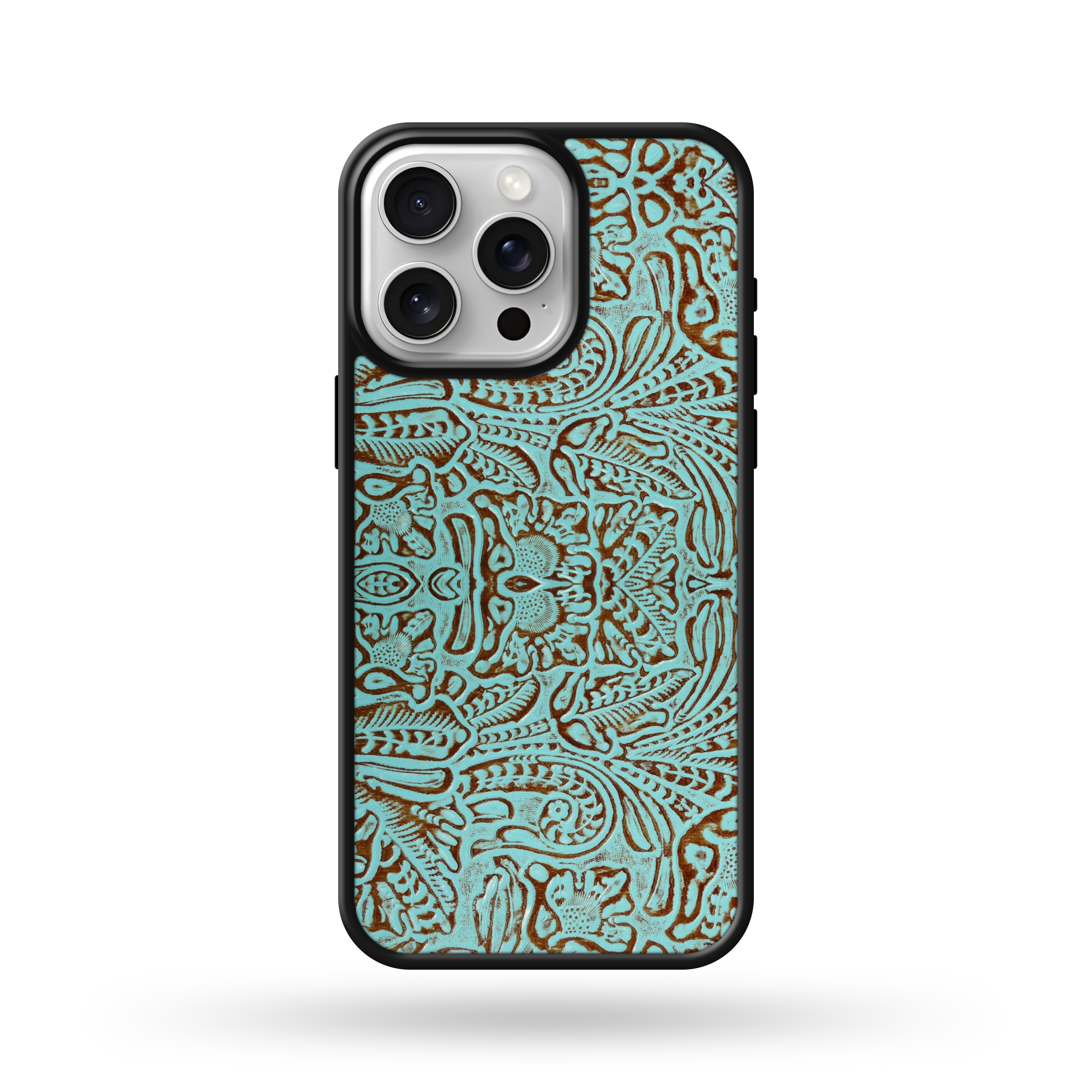 Teal Tooled Faux Leather Phone Case 14 Pro Max / Black Edge NON MagSafe / Glossy Finish Teal Tooled Faux Leather Phone Case 14 Pro Max / Black Edge NON MagSafe / Glossy Finish