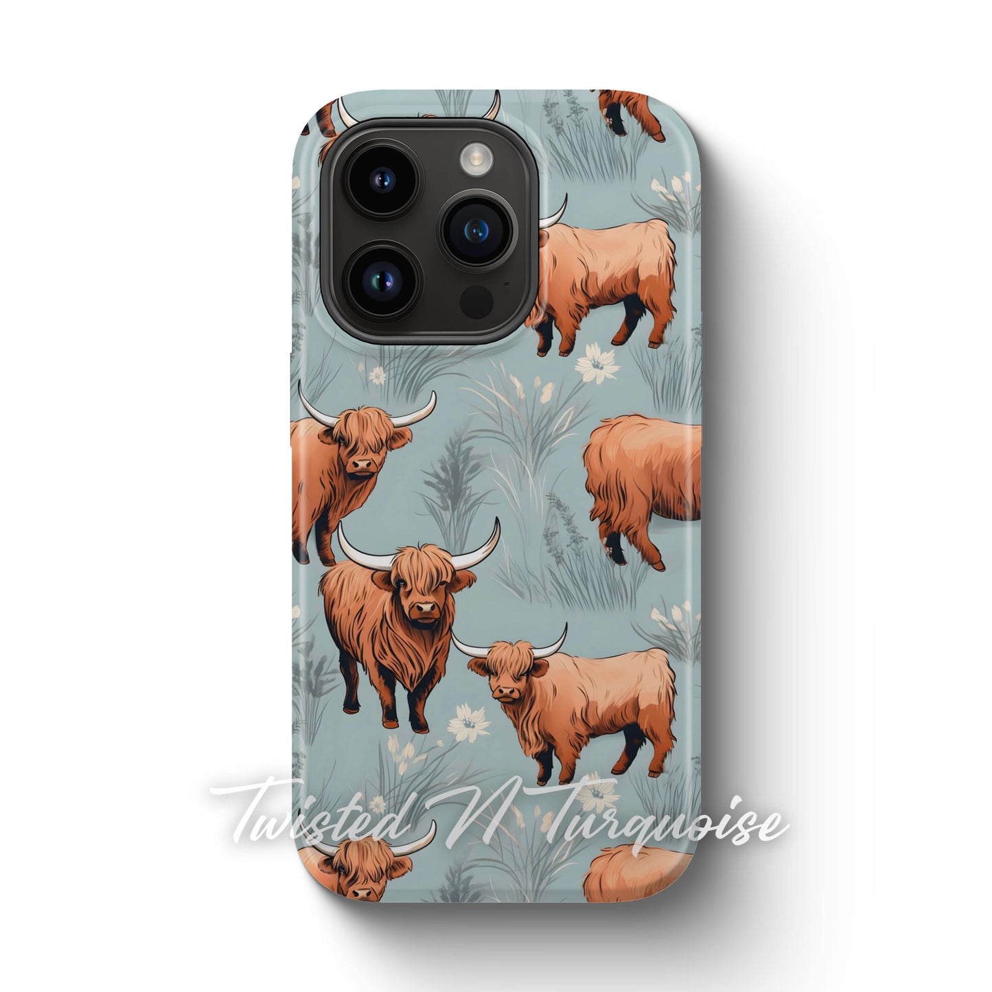 Blue Floral Highland Cows Tough Magsafe Phone Case