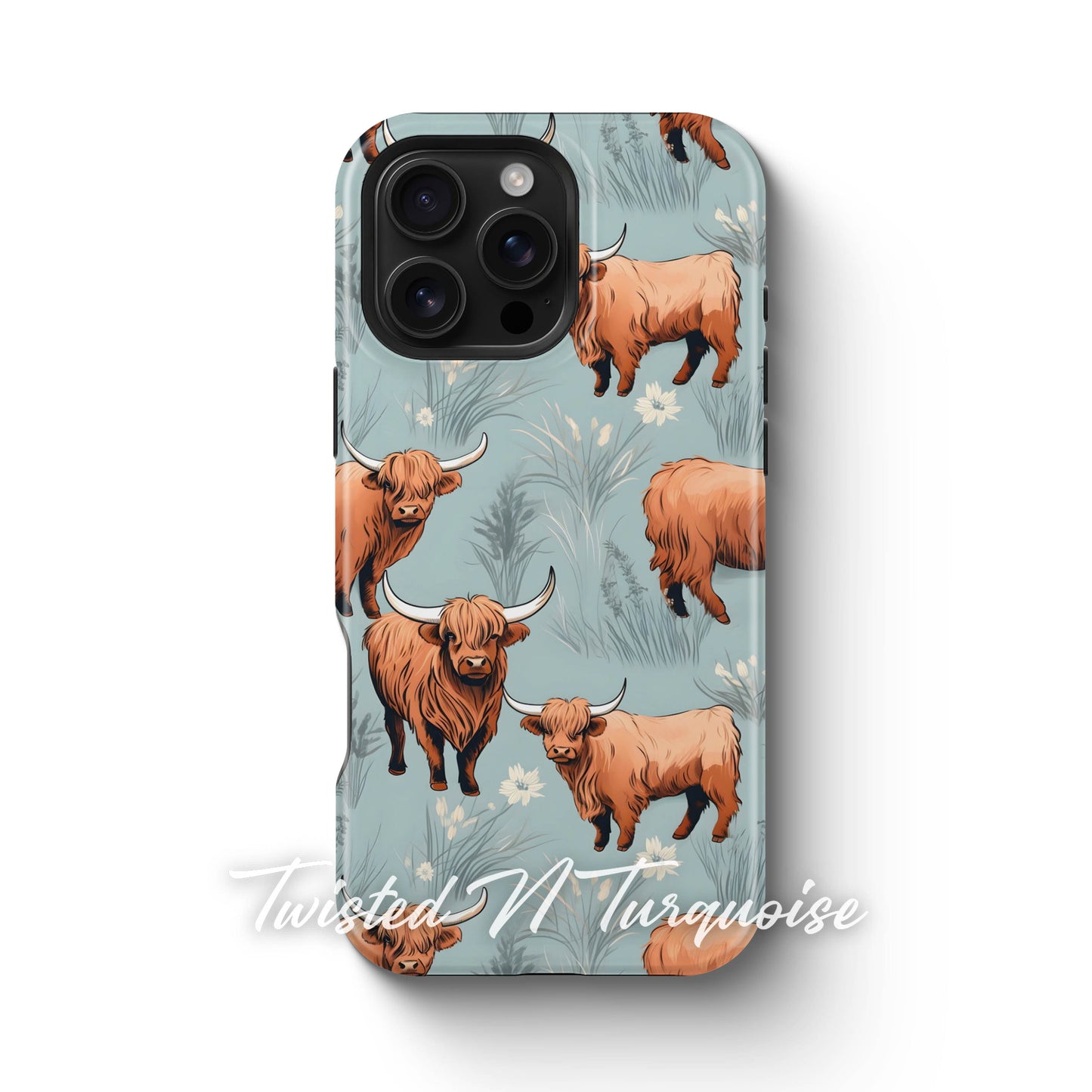 Blue Floral Highland Cows Tough Magsafe Phone Case