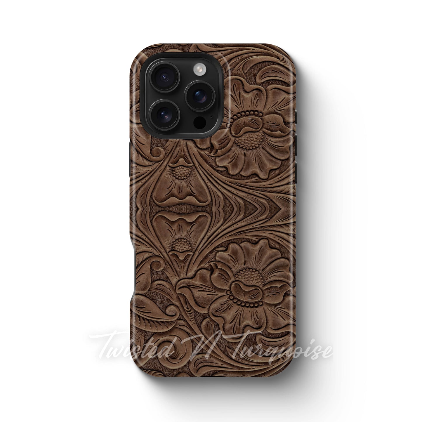 Faux Print Brown Tooled Leather Tough Magnetic Phone Case