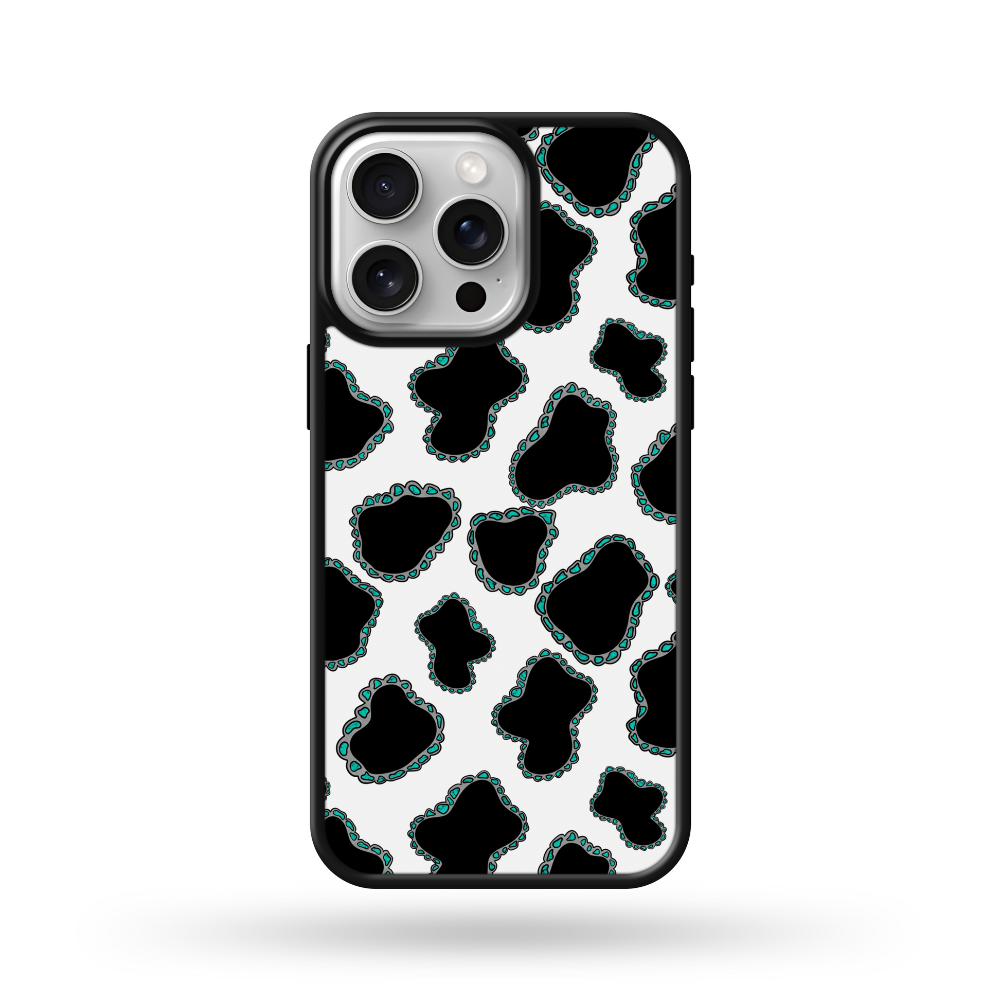 Turquoise Gem Cowprint Phone case iPhone 16e / Black edge MagSafe / Matte Finish Turquoise Gem Cowprint Phone case iPhone 16e / Black edge MagSafe / Matte Finish
