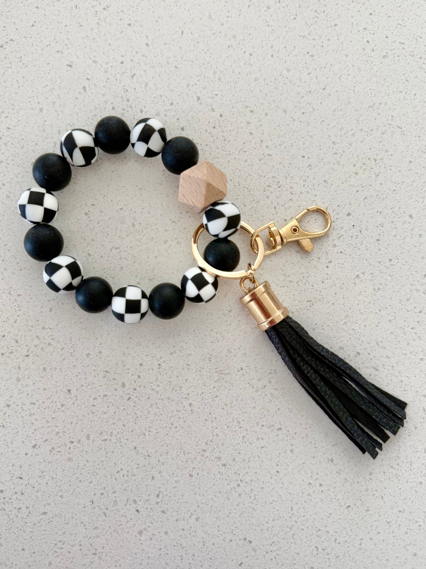 Checkered & Gold Boho Keychain