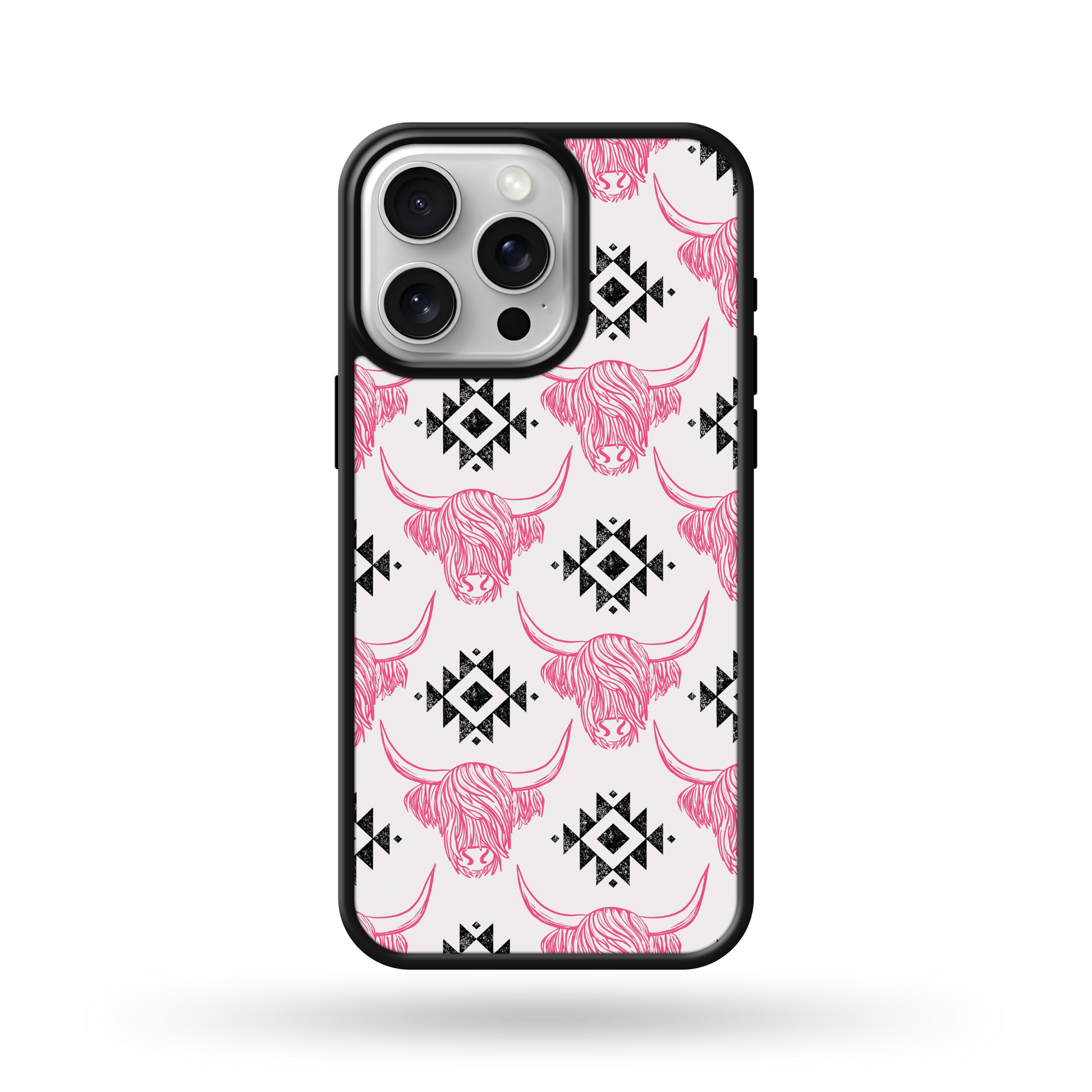 Pink Aztec Highland Cows Phone Case 15 / Black Edge NON MagSafe / Glossy Finish Pink Aztec Highland Cows Phone Case 15 / Black Edge NON MagSafe / Glossy Finish