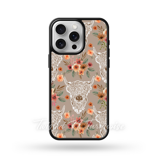 Neutral Boho Highland Cow Floral Edge Phone Case