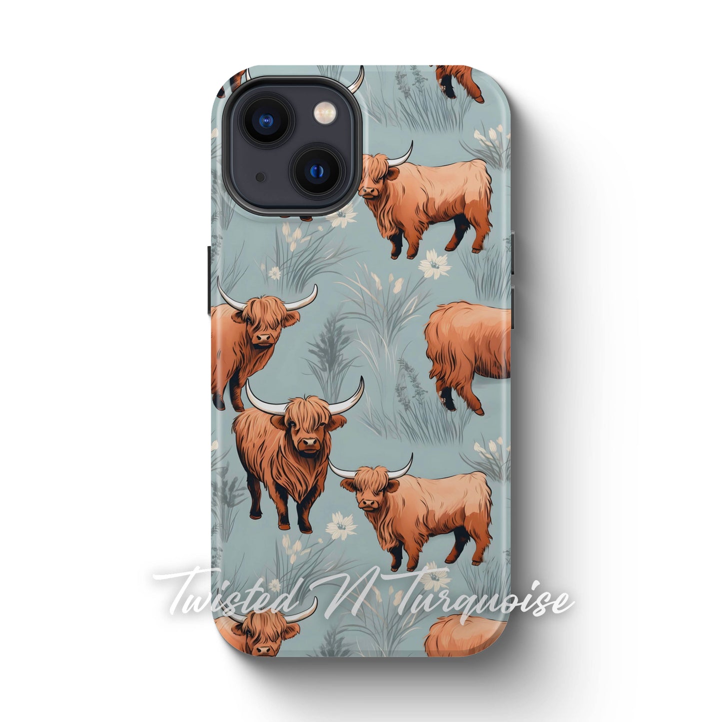 Blue Floral Highland Cows Tough Magsafe Phone Case