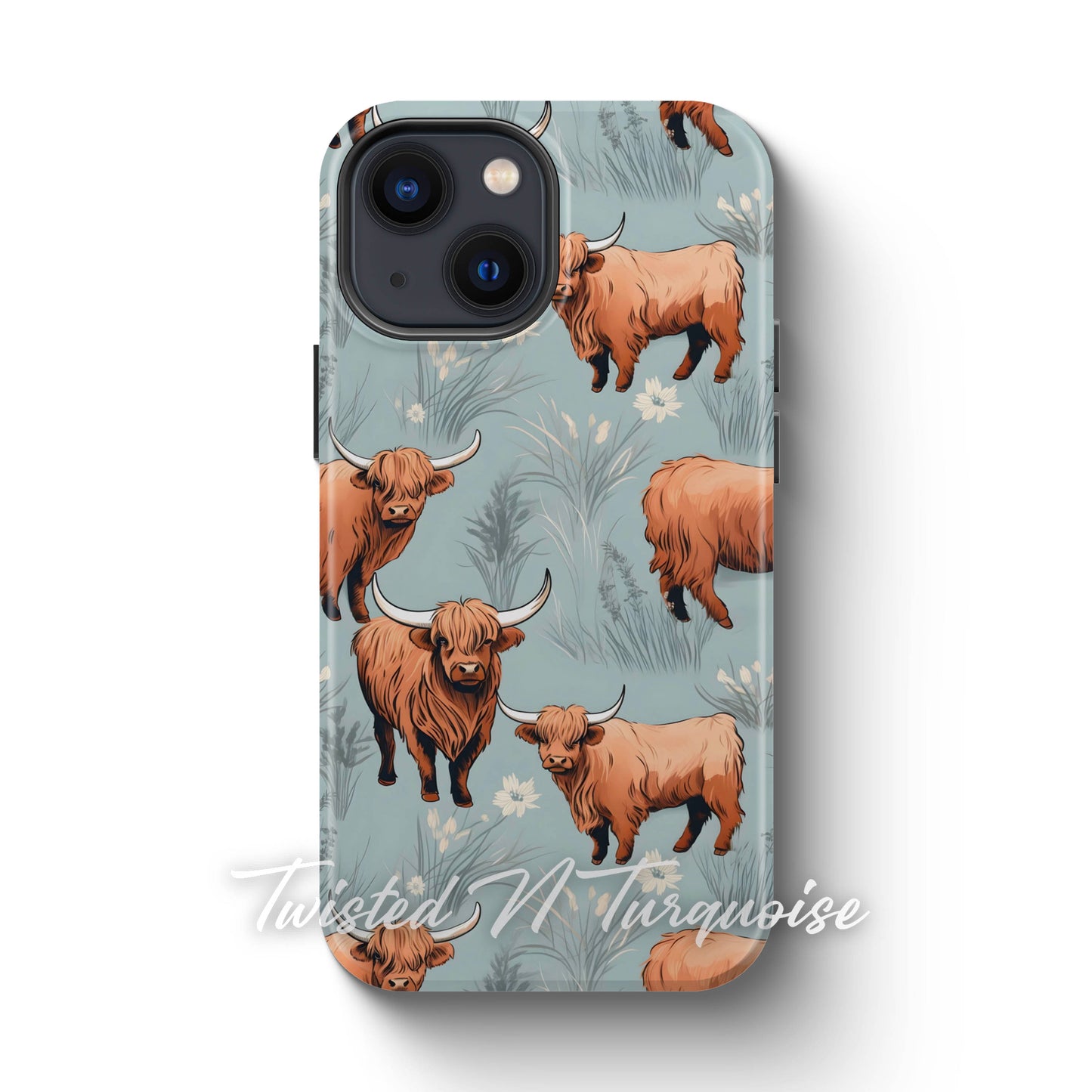 Blue Floral Highland Cows Tough Magsafe Phone Case