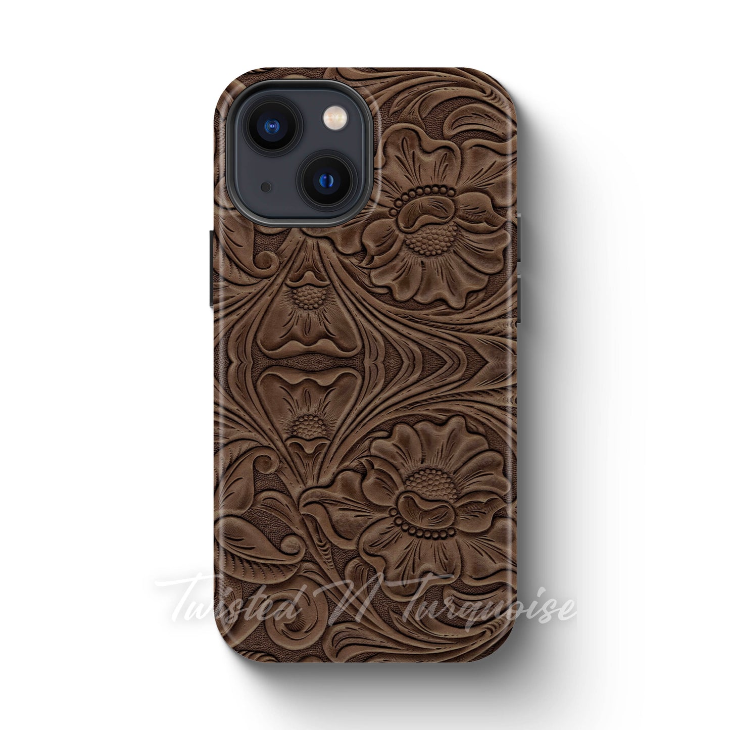 Faux Print Brown Tooled Leather Tough Magnetic Phone Case