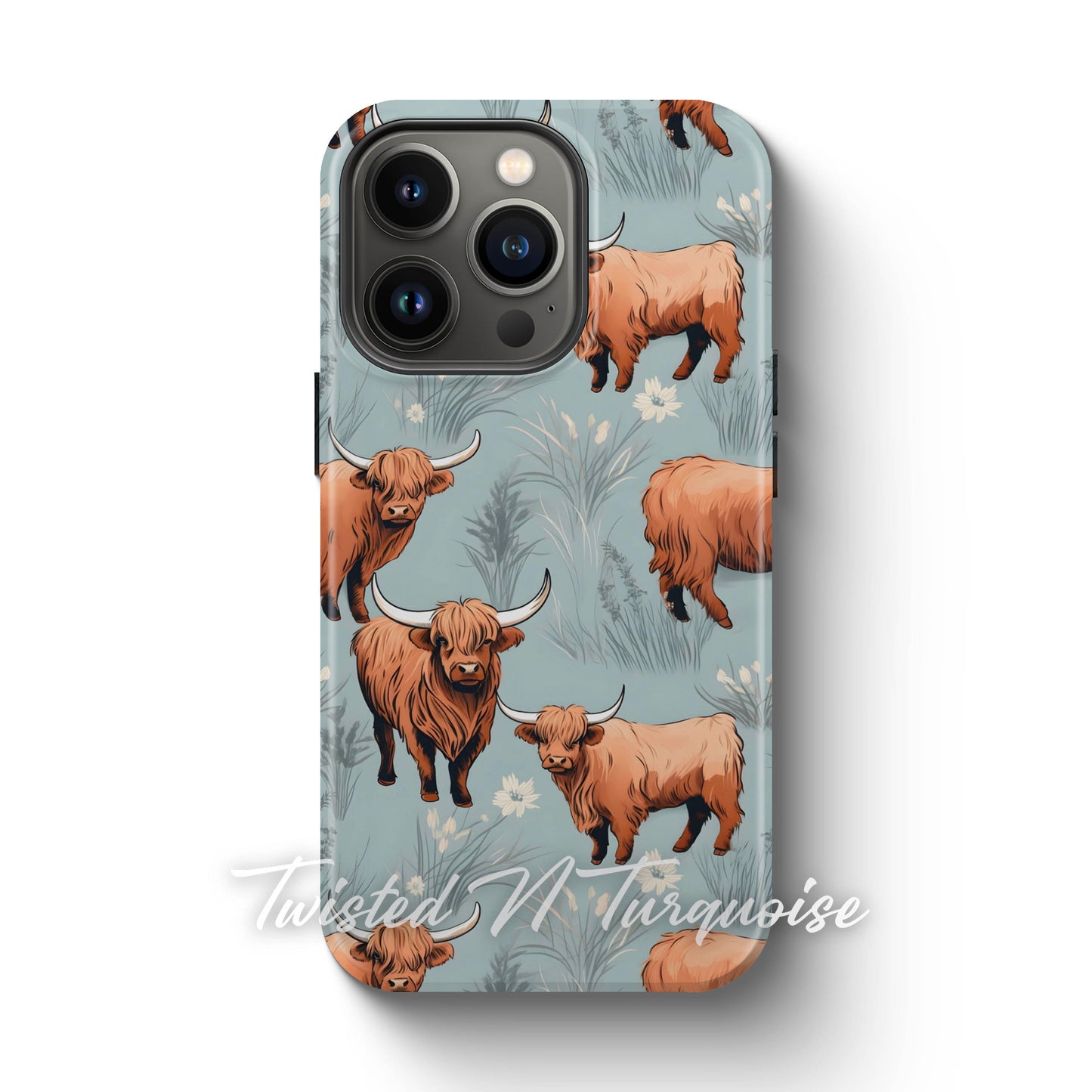 Blue Floral Highland Cows Tough Magsafe Phone Case