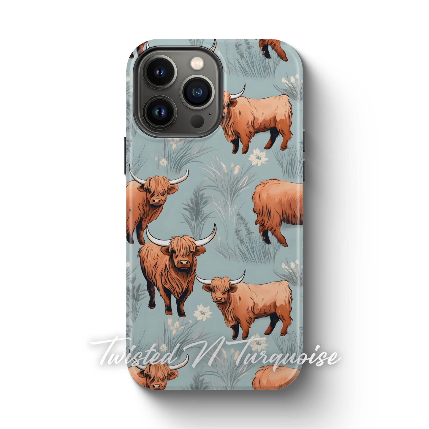 Blue Floral Highland Cows Tough Magsafe Phone Case