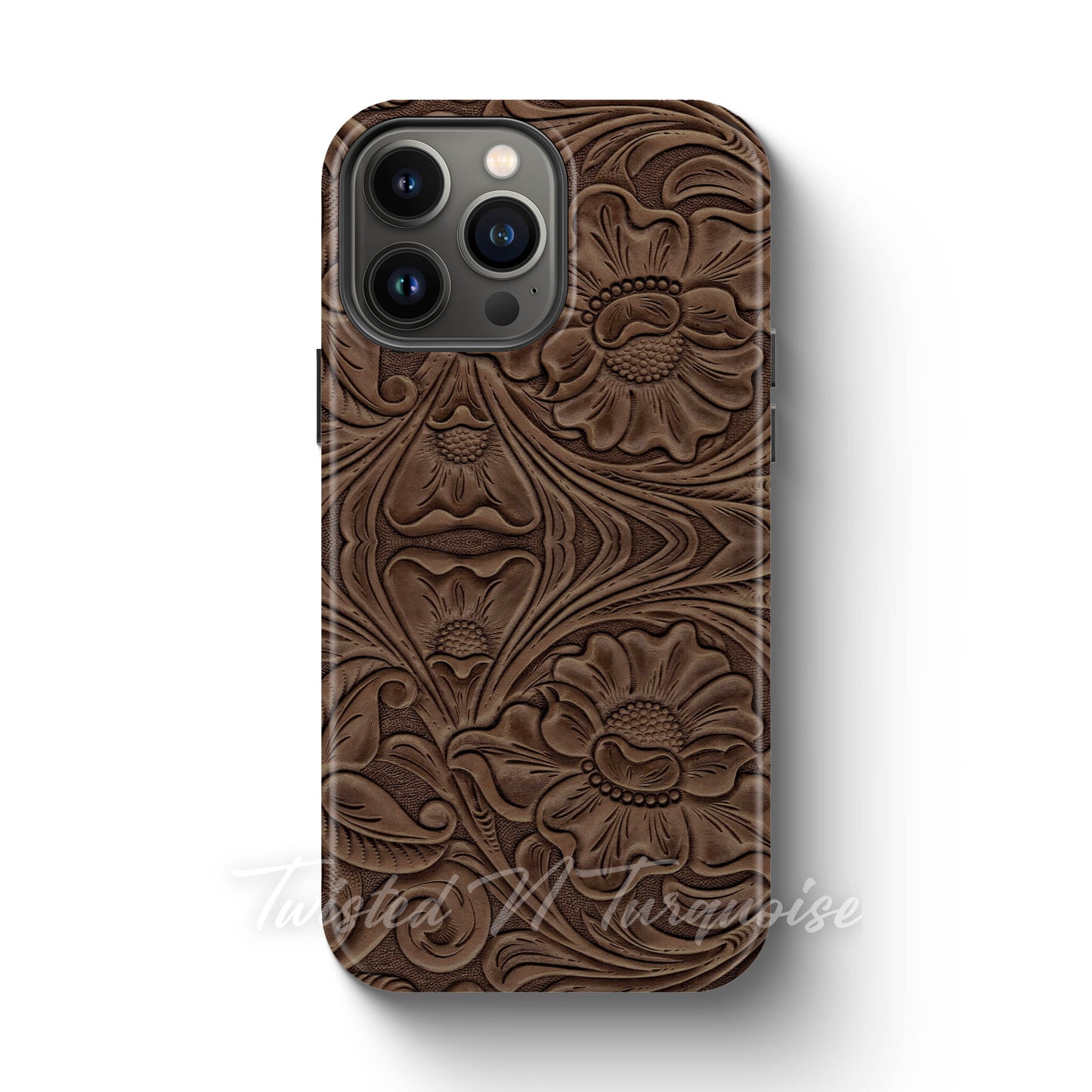 Faux Print Brown Tooled Leather Tough Magnetic Phone Case
