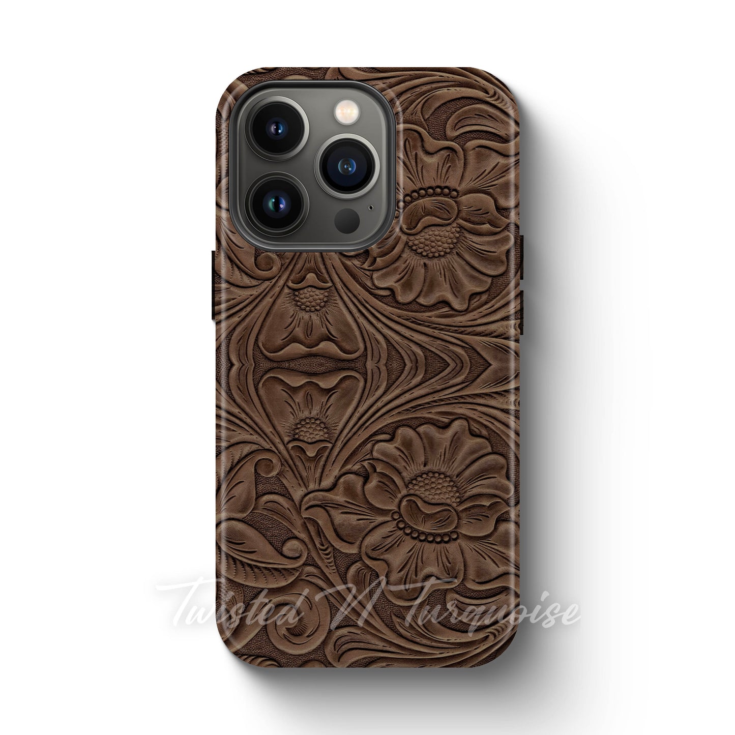 Faux Print Brown Tooled Leather Tough Magnetic Phone Case