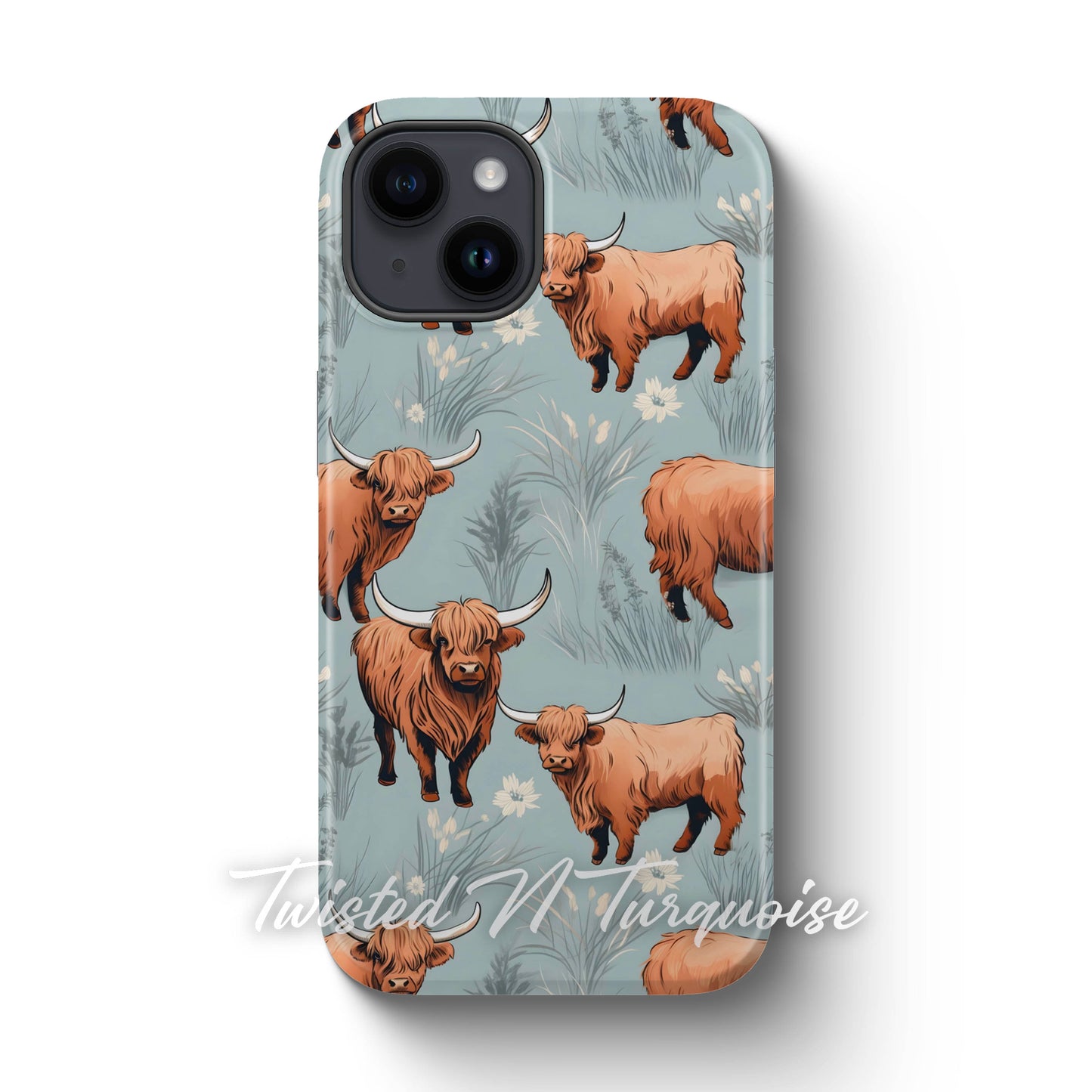 Blue Floral Highland Cows Tough Magsafe Phone Case