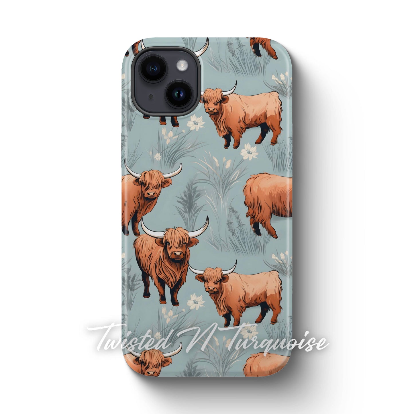 Blue Floral Highland Cows Tough Magsafe Phone Case