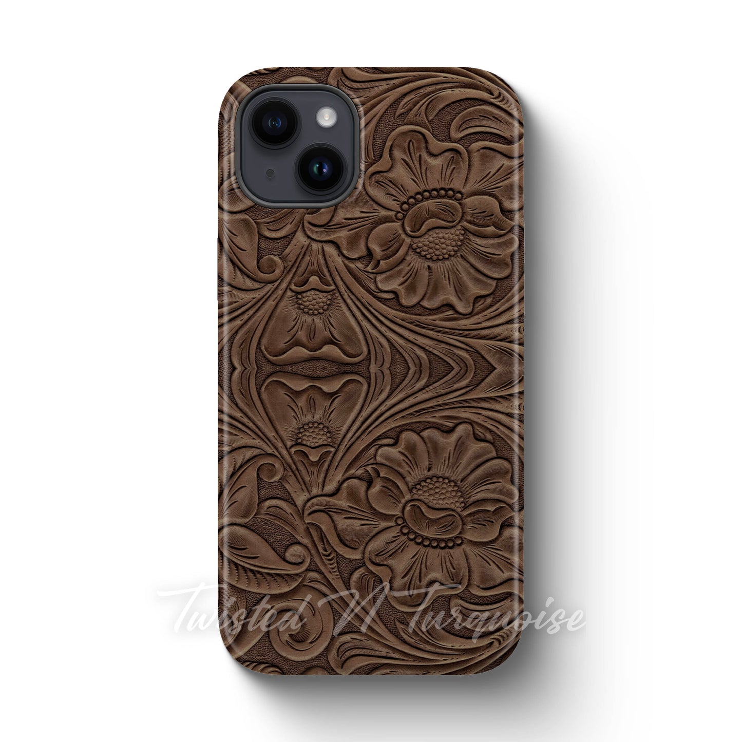 Faux Print Brown Tooled Leather Tough Magnetic Phone Case