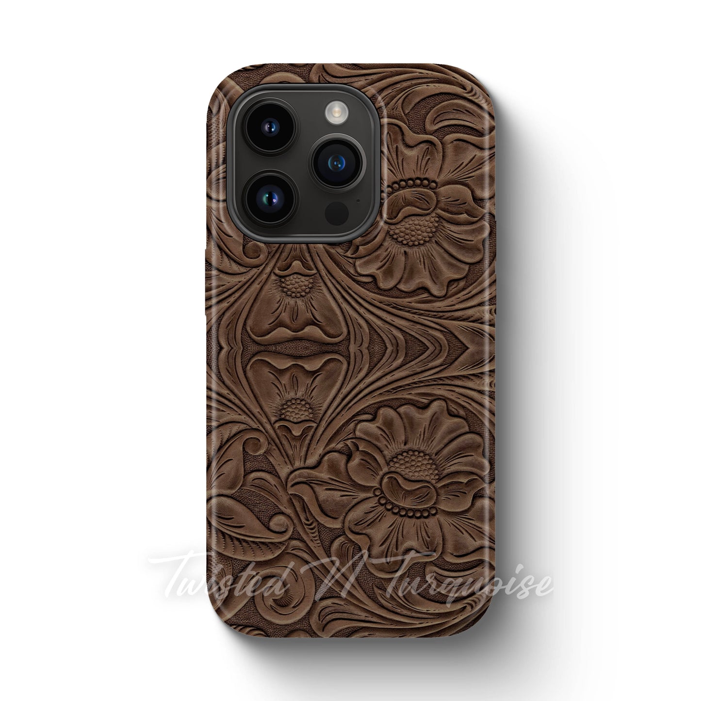 Faux Print Brown Tooled Leather Tough Magnetic Phone Case