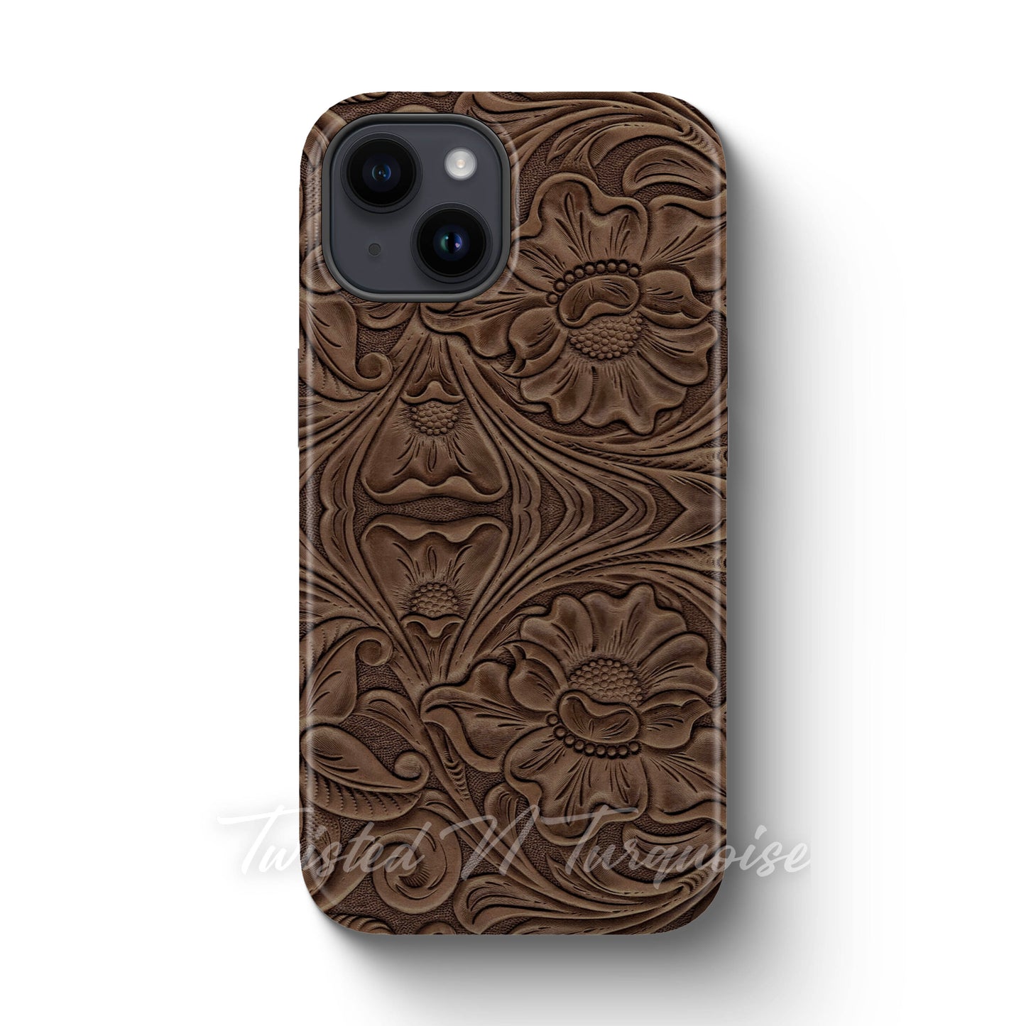 Faux Print Brown Tooled Leather Tough Magnetic Phone Case