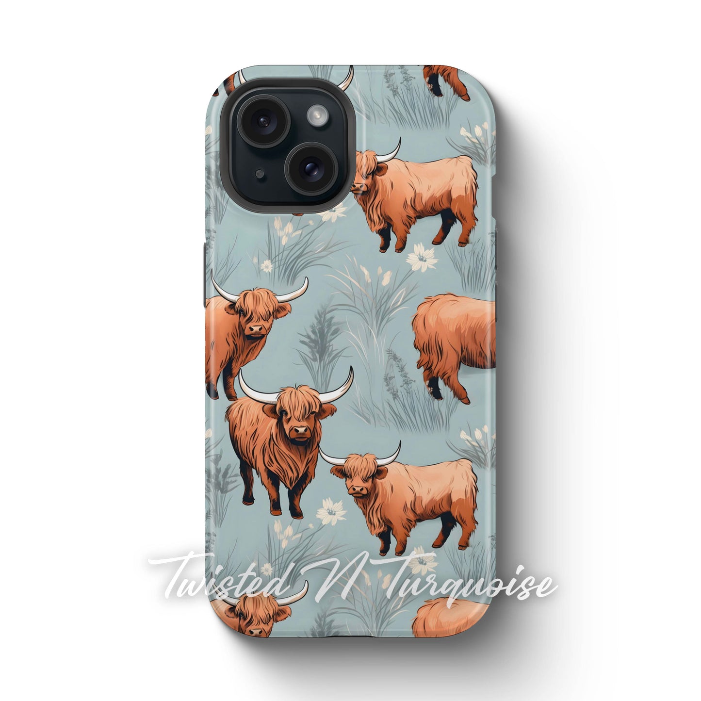 Blue Floral Highland Cows Tough Magsafe Phone Case