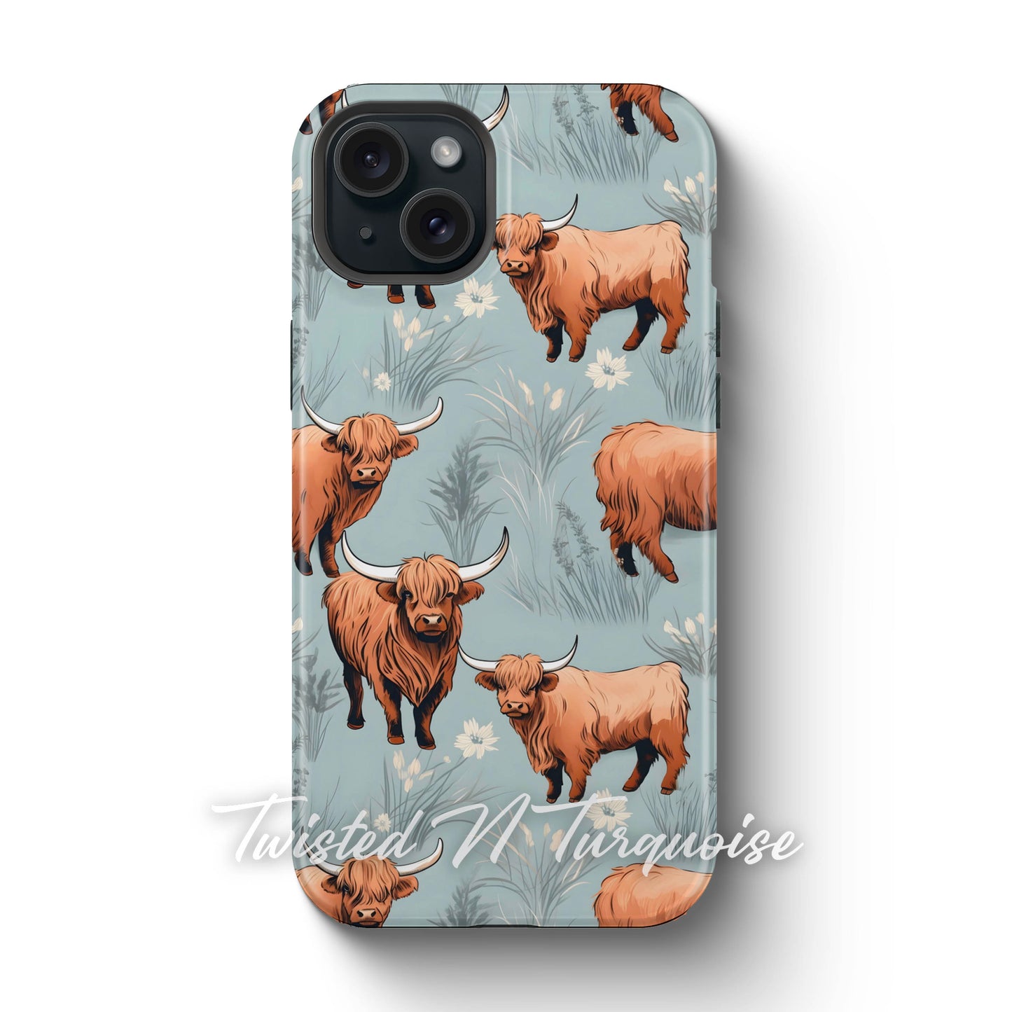 Blue Floral Highland Cows Tough Magsafe Phone Case