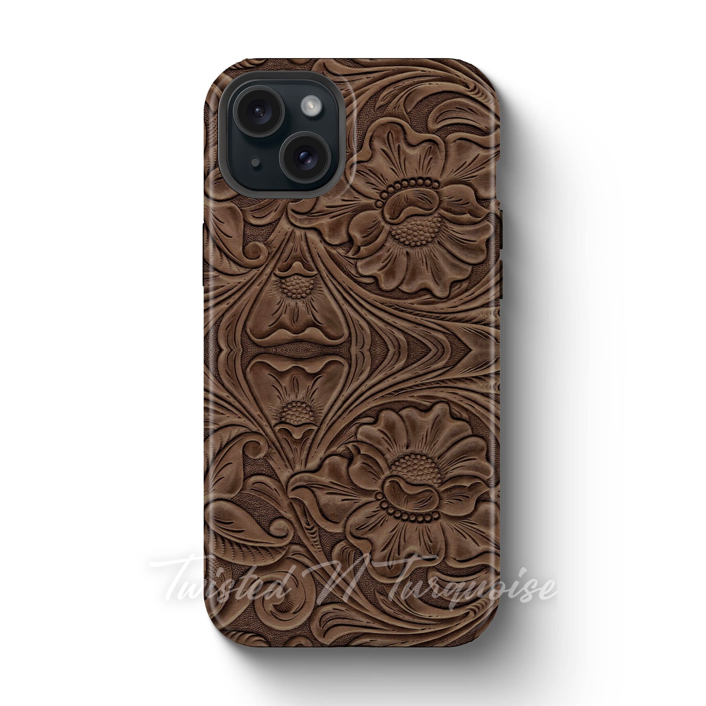 Faux Print Brown Tooled Leather Tough Magnetic Phone Case