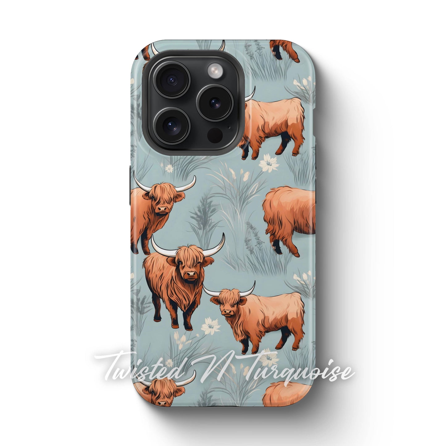 Blue Floral Highland Cows Tough Magsafe Phone Case