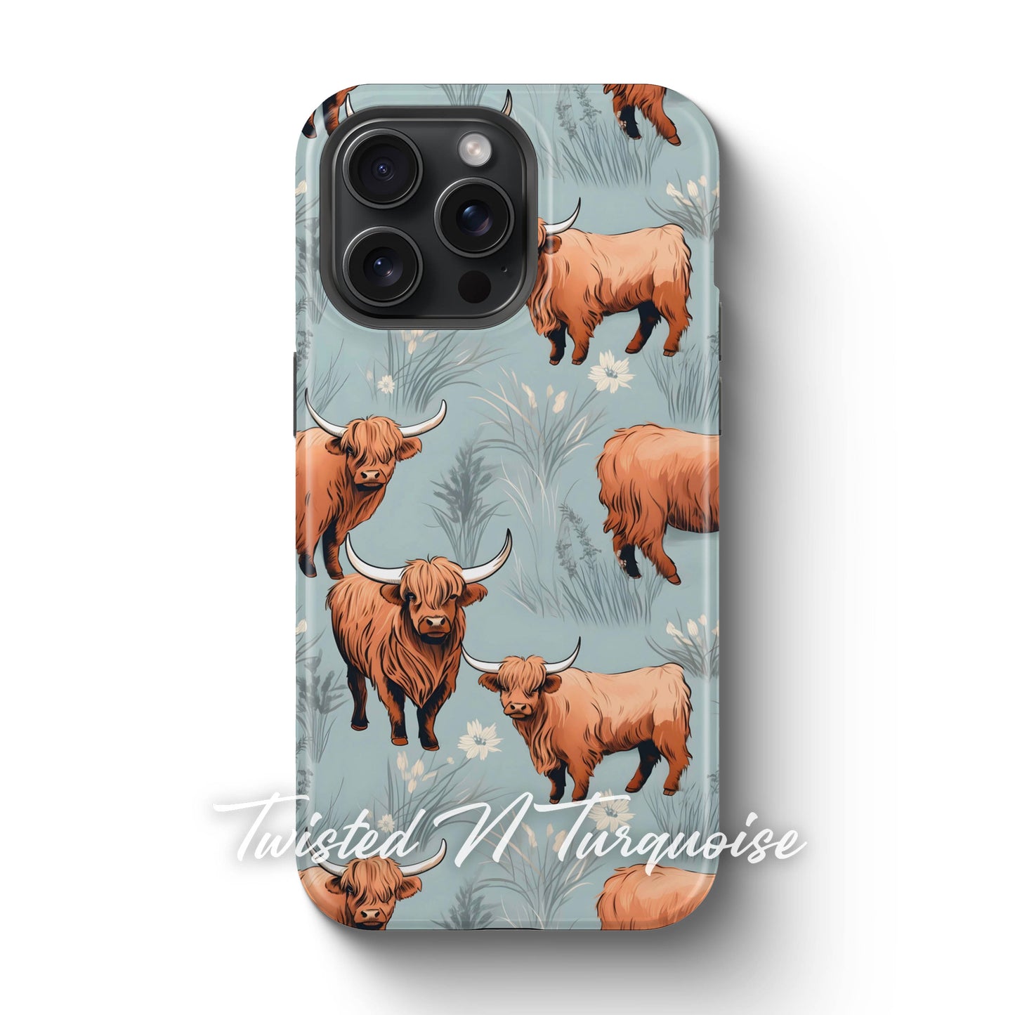 Blue Floral Highland Cows Tough Magsafe Phone Case