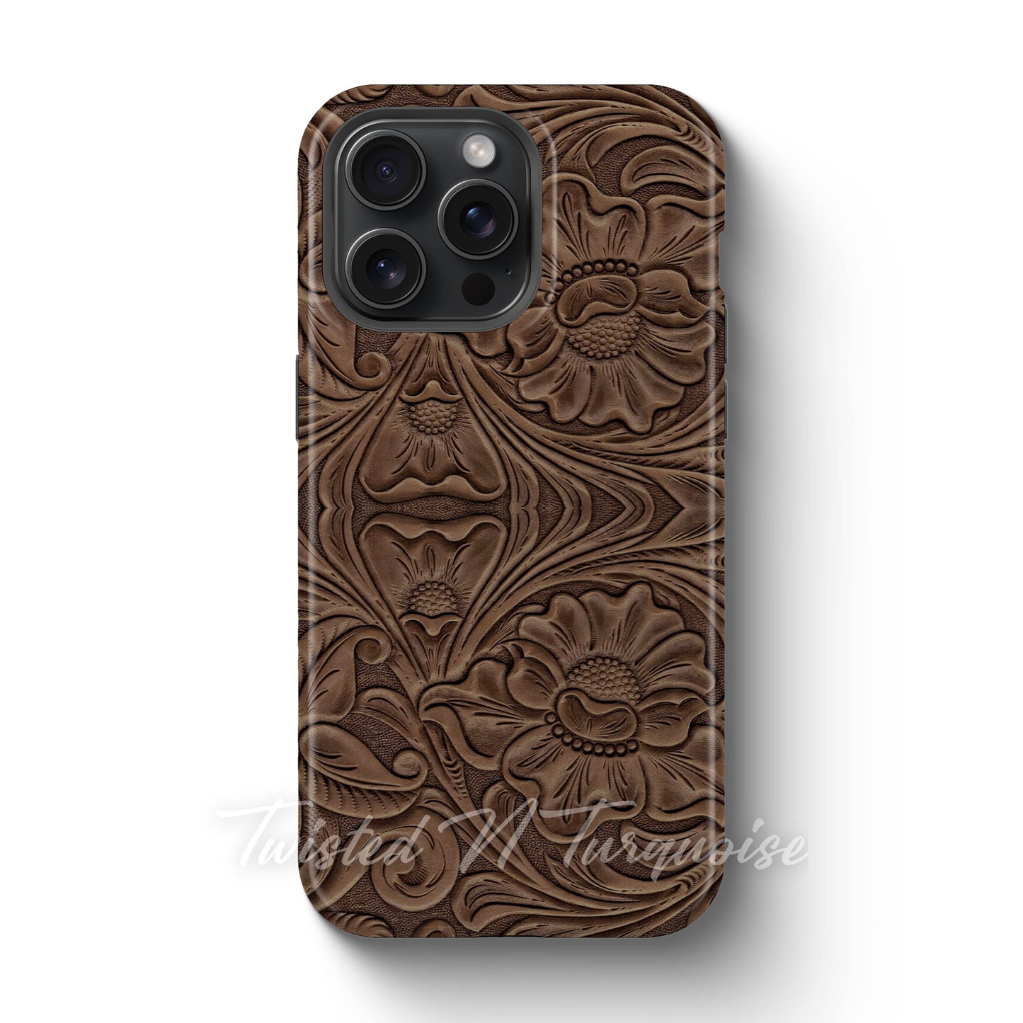 Faux Print Brown Tooled Leather Tough Magnetic Phone Case