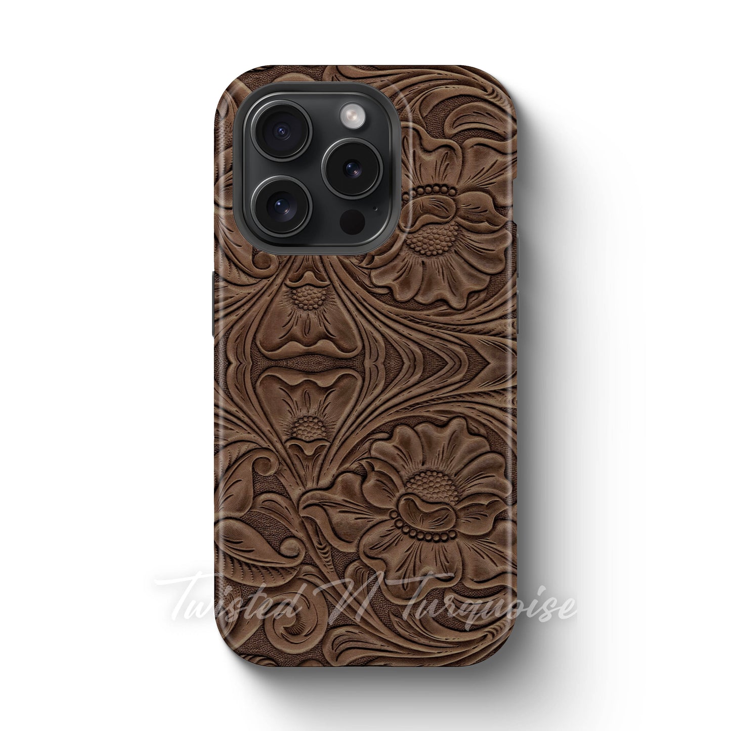 Faux Print Brown Tooled Leather Tough Magnetic Phone Case