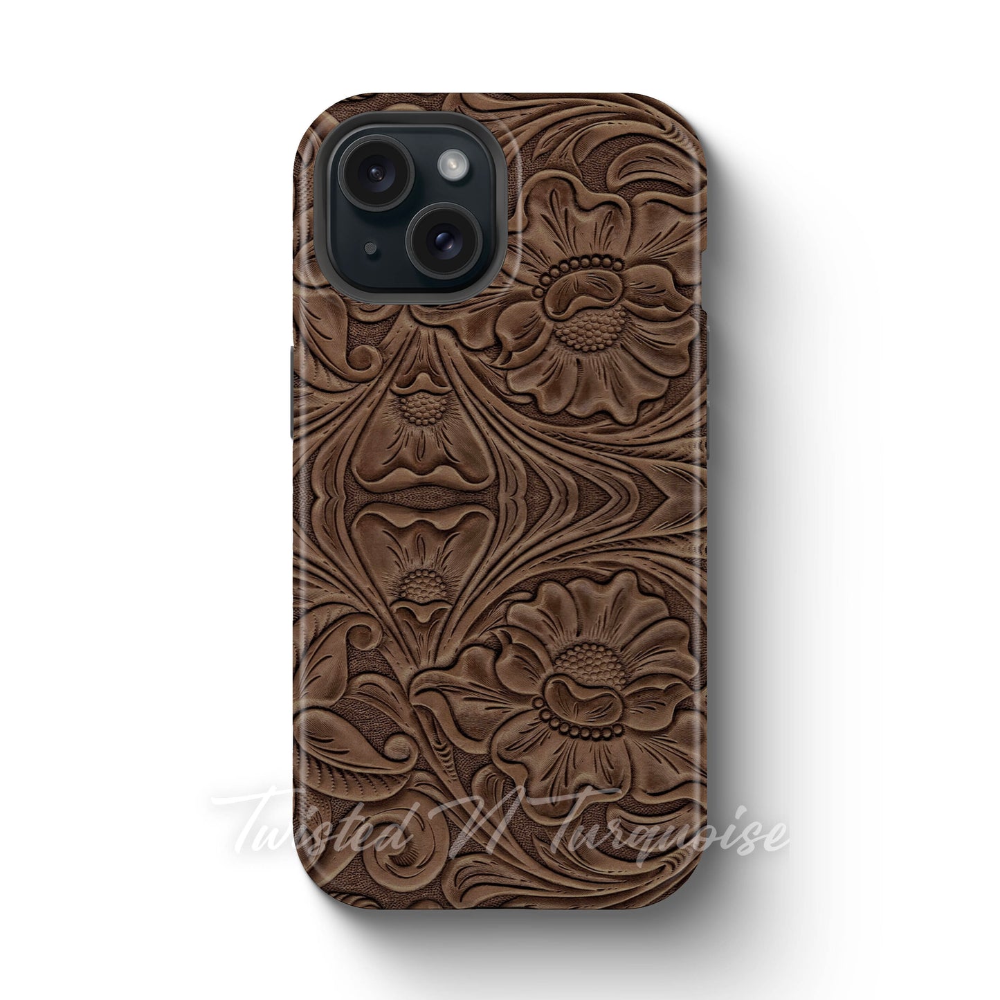 Faux Print Brown Tooled Leather Tough Magnetic Phone Case