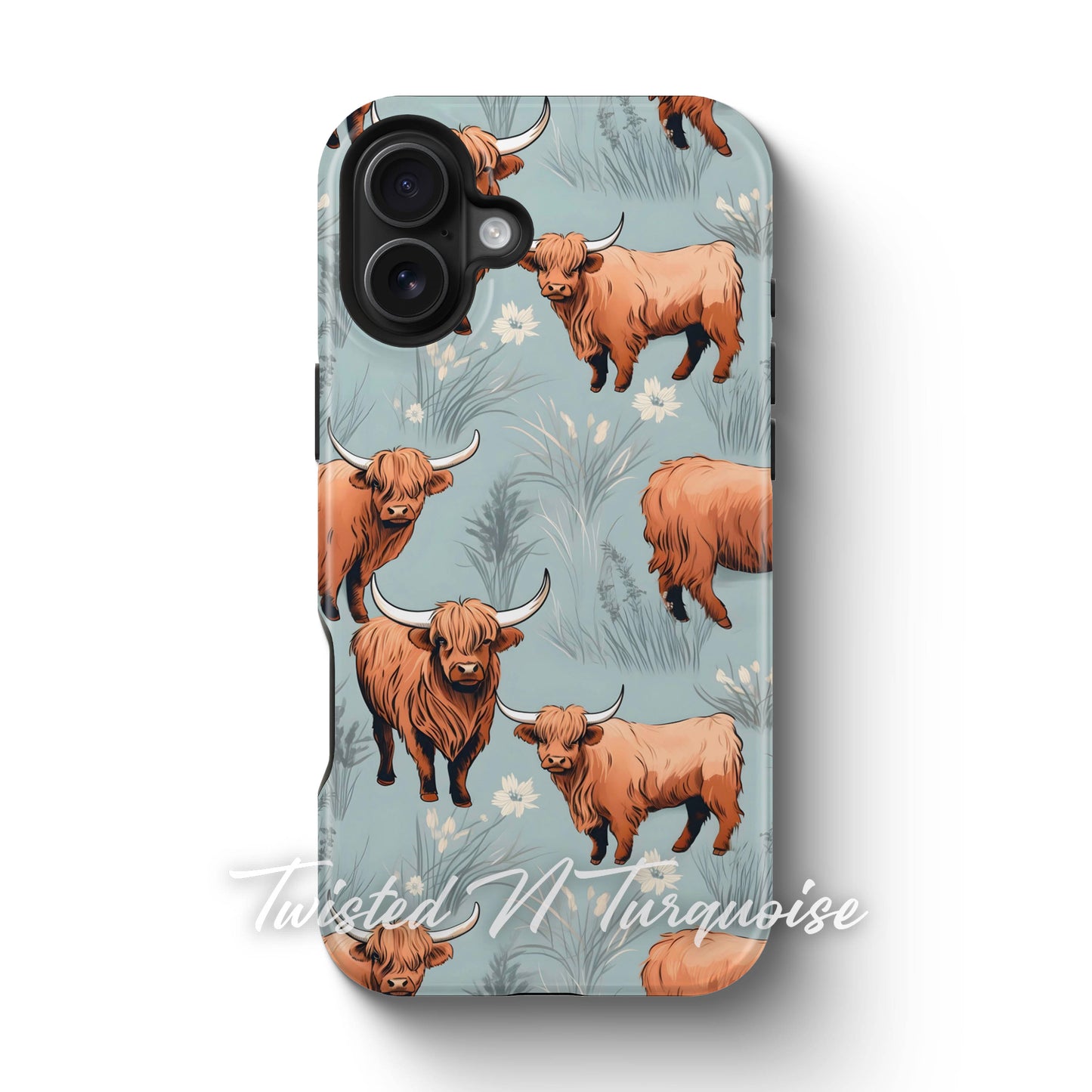 Blue Floral Highland Cows Tough Magsafe Phone Case