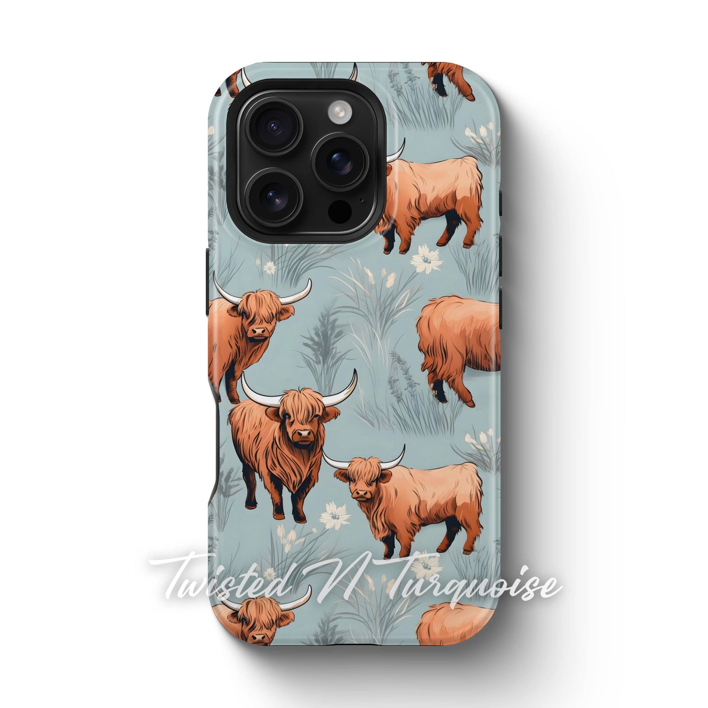 Blue Floral Highland Cows Tough Magsafe Phone Case