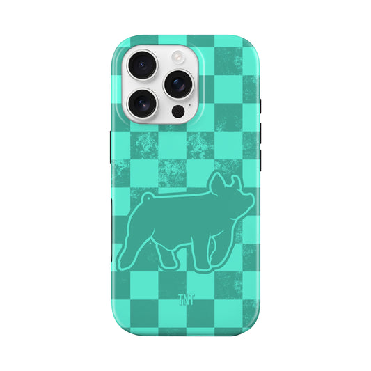Turquoise Pig Show Animal Checkered Tough MagSafe Phone Case
