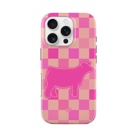 Pink Steer Show Animal Checkered Tough MagSafe Phone Case