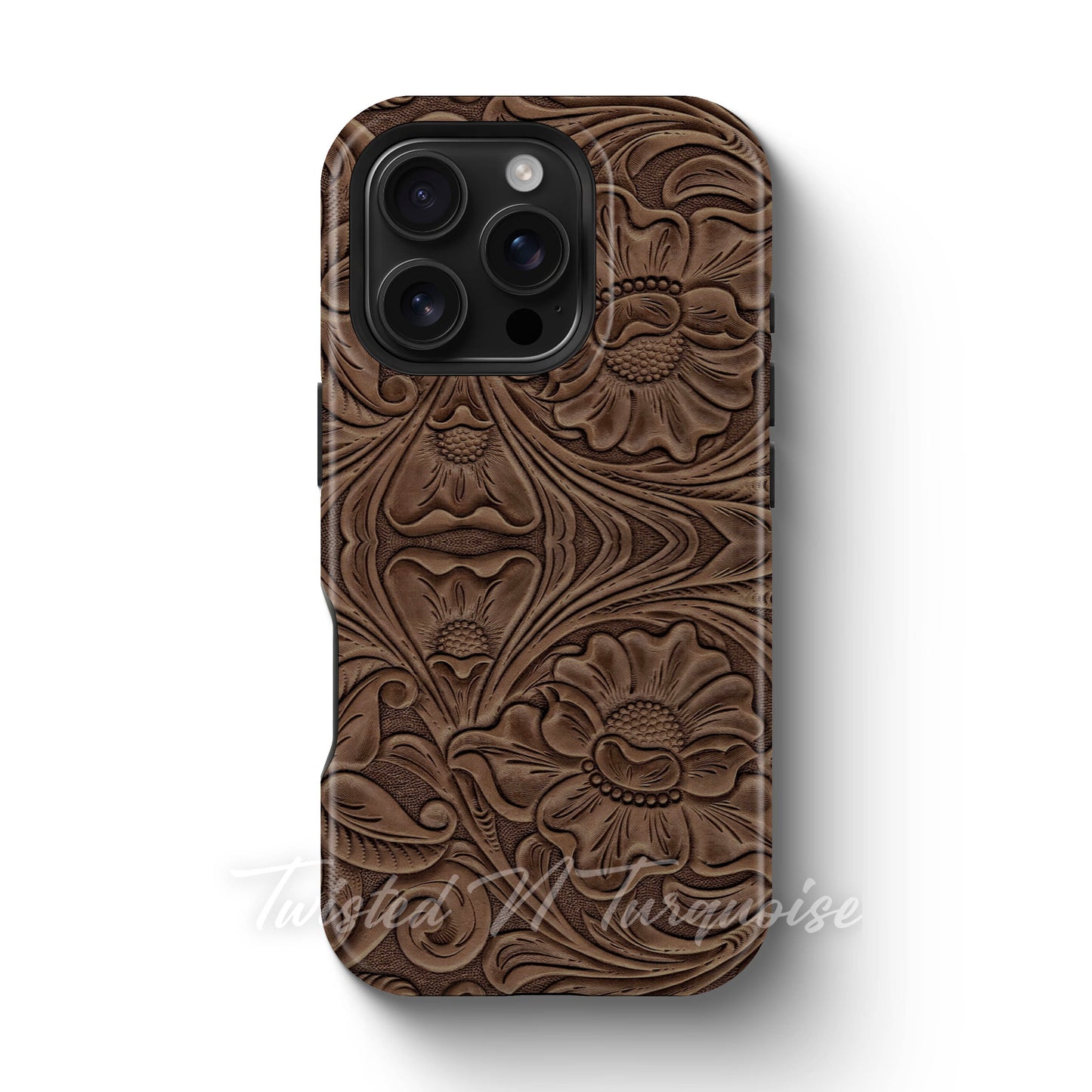 Faux Print Brown Tooled Leather Tough Magnetic Phone Case