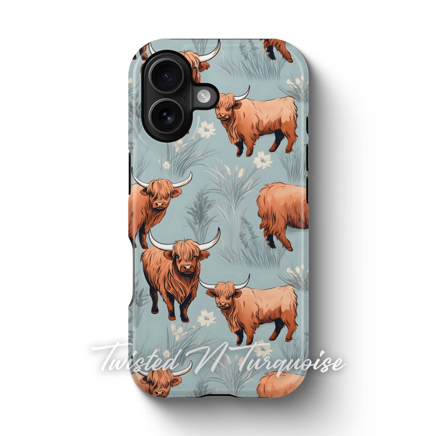 Blue Floral Highland Cows Tough Magsafe Phone Case