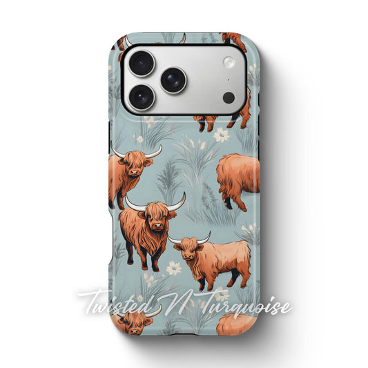 Blue Floral Highland Cows Tough Phone Case
