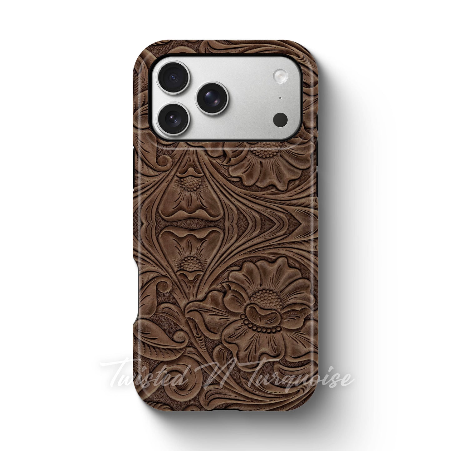 Faux Print Brown Tooled Leather Tough Magnetic Phone Case