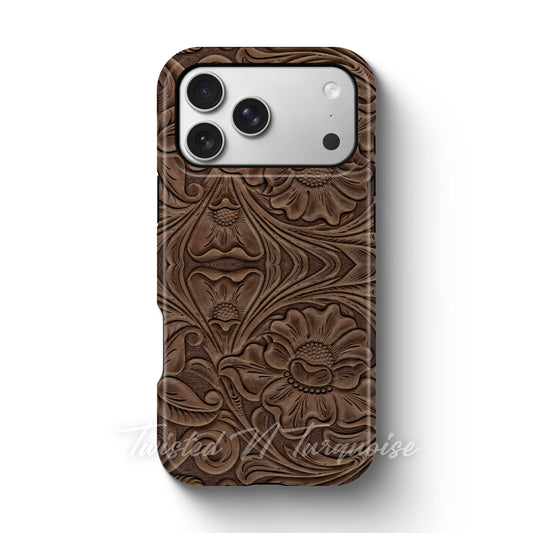 Faux Print Brown Tooled Leather Tough Magnetic Phone Case