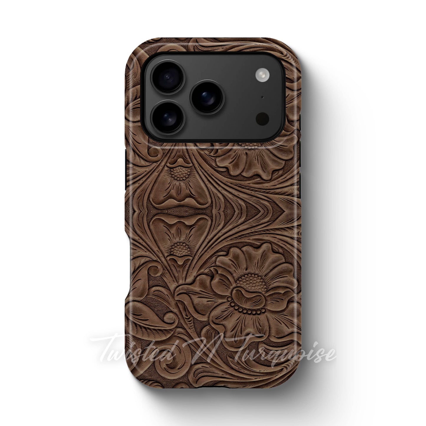 Faux Print Brown Tooled Leather Tough Magnetic Phone Case