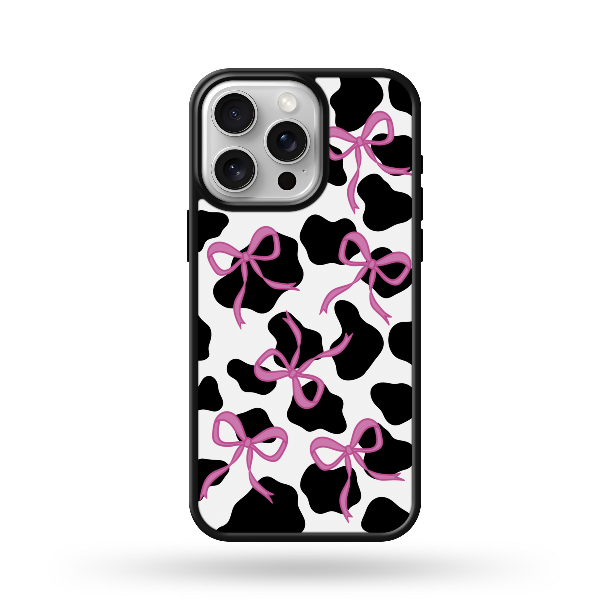 Pink Cow Print Coquette Bows Phone Case iPhone 16 Pro Max / Black Edge NON MagSafe / Glossy Finish Pink Cow Print Coquette Bows Phone Case iPhone 16 Pro Max / Black Edge NON MagSafe / Glossy Finish