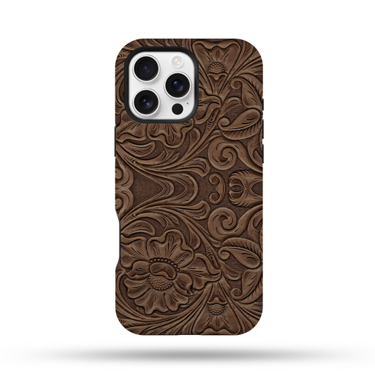 Faux Brown Tooled Leather Tough MagSafe Phone Case